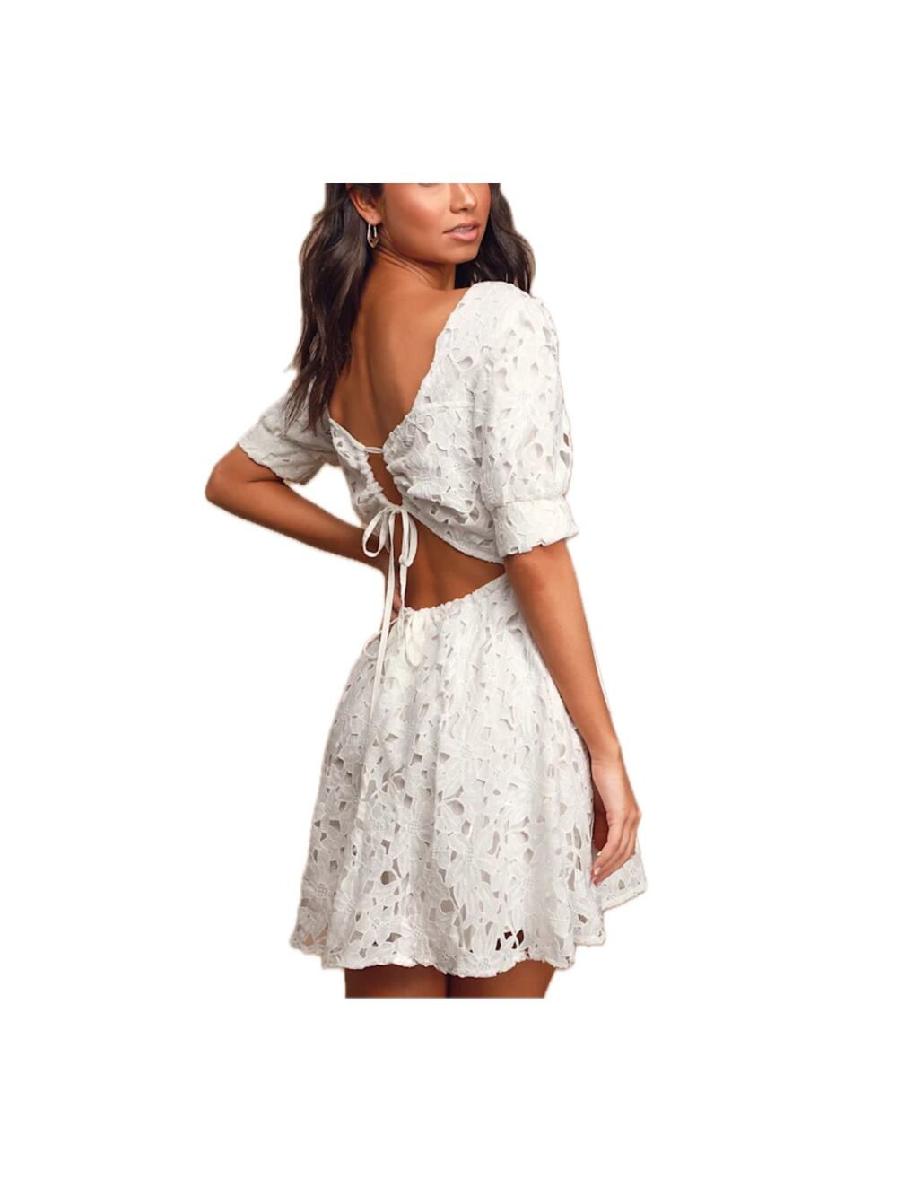 Lulu’s NEW For a Moment White Lace Back Cutout Puff Sleeve Mini Skater Dress